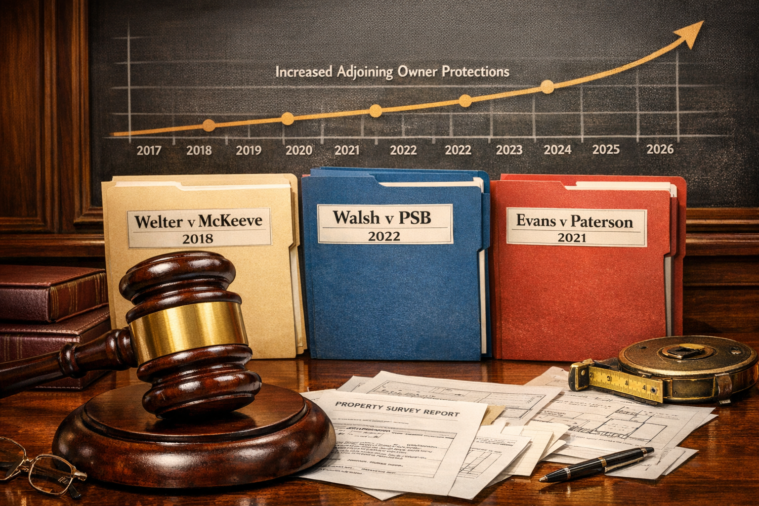 () courtroom-inspired composition showing a large wooden judge's gavel in foreground with three distinct case file folders