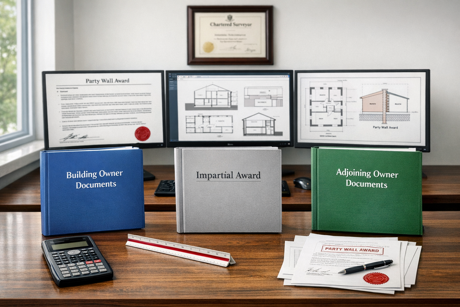 () modern office setting showing a surveyor's workspace with dual computer monitors displaying party wall award documents