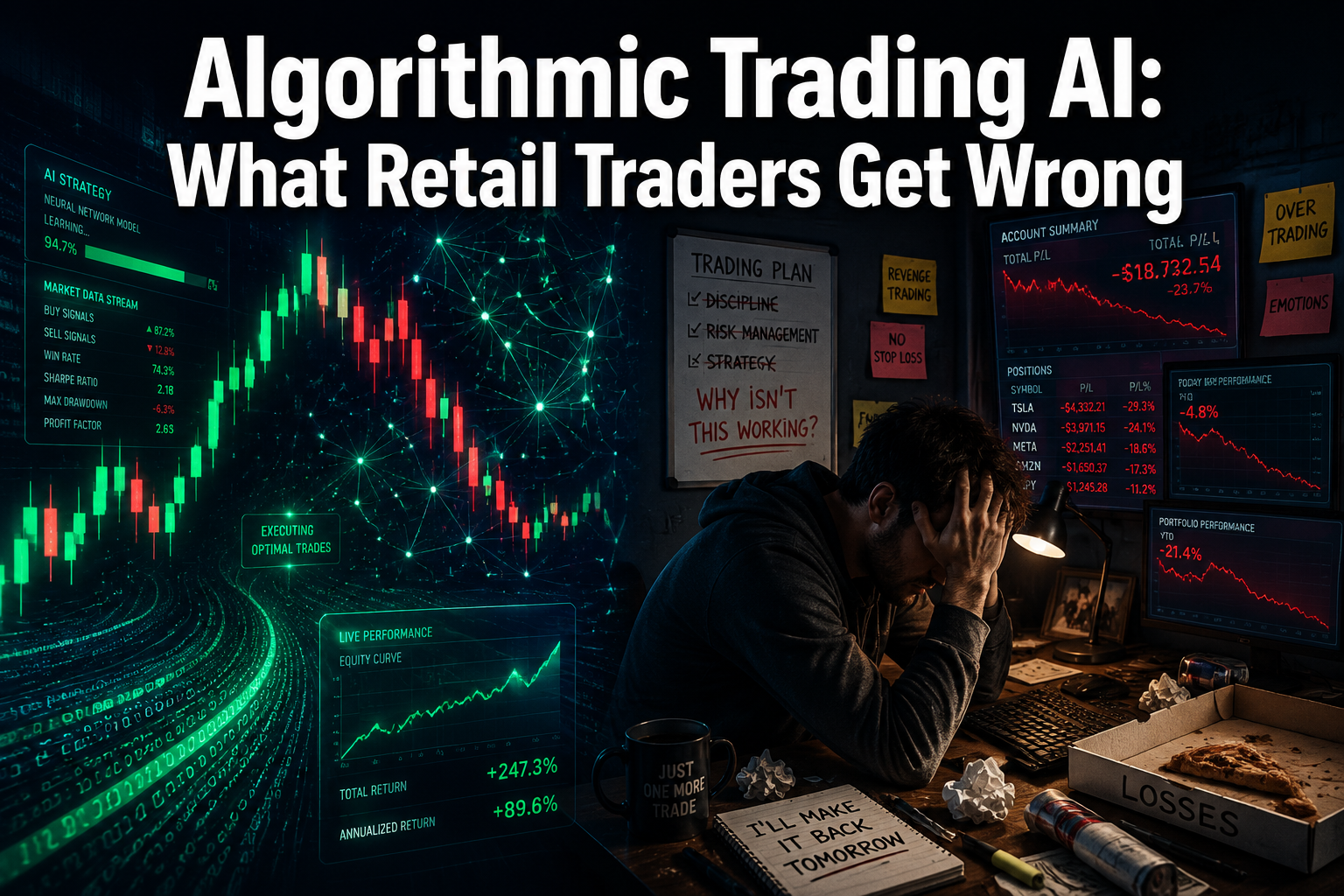 Professional () hero image with : 'Algorithmic Trading AI: What Retail Traders Get Wrong' in extra large white with dark