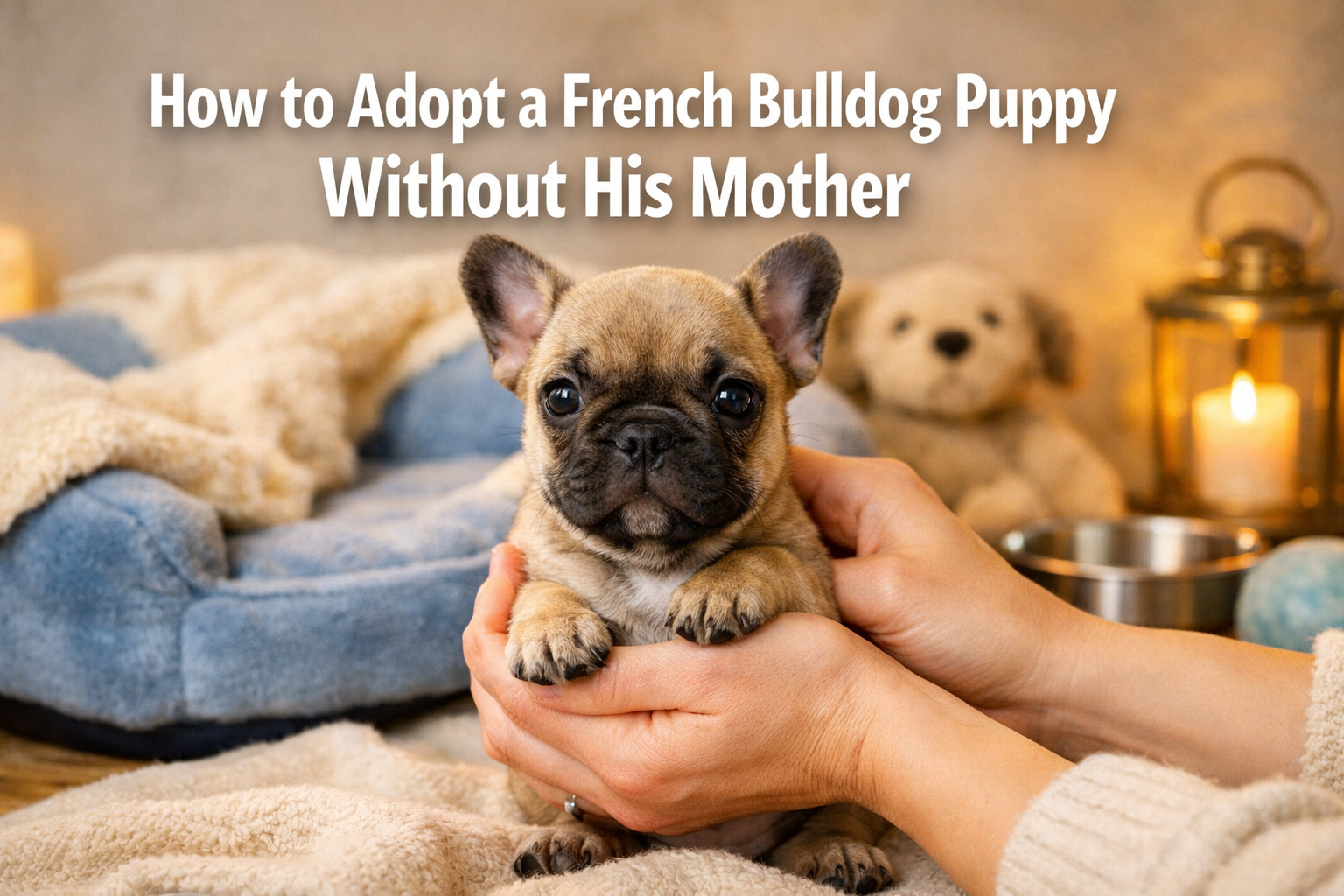 Professional landscape format (1536x1024) hero image featuring a young French Bulldog puppy being gently held by caring hands in a warm, nur