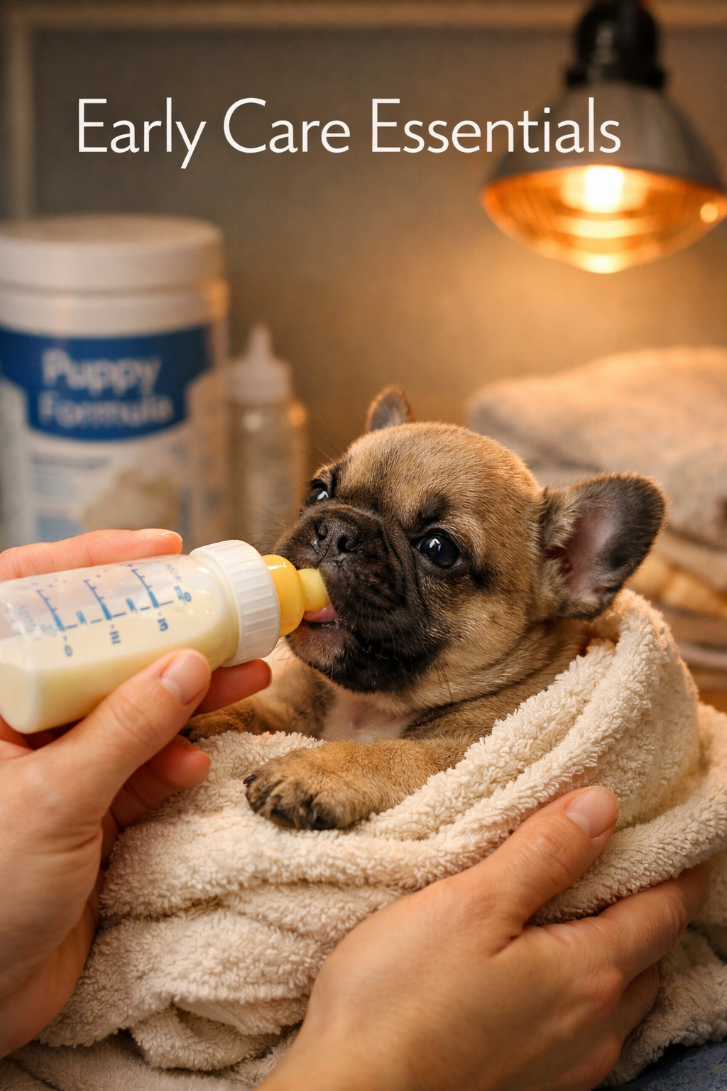 Portrait format (1024x1536) image showing a very young French Bulldog puppy (6-8 weeks old) being bottle-fed by gentle hands in a veterinary
