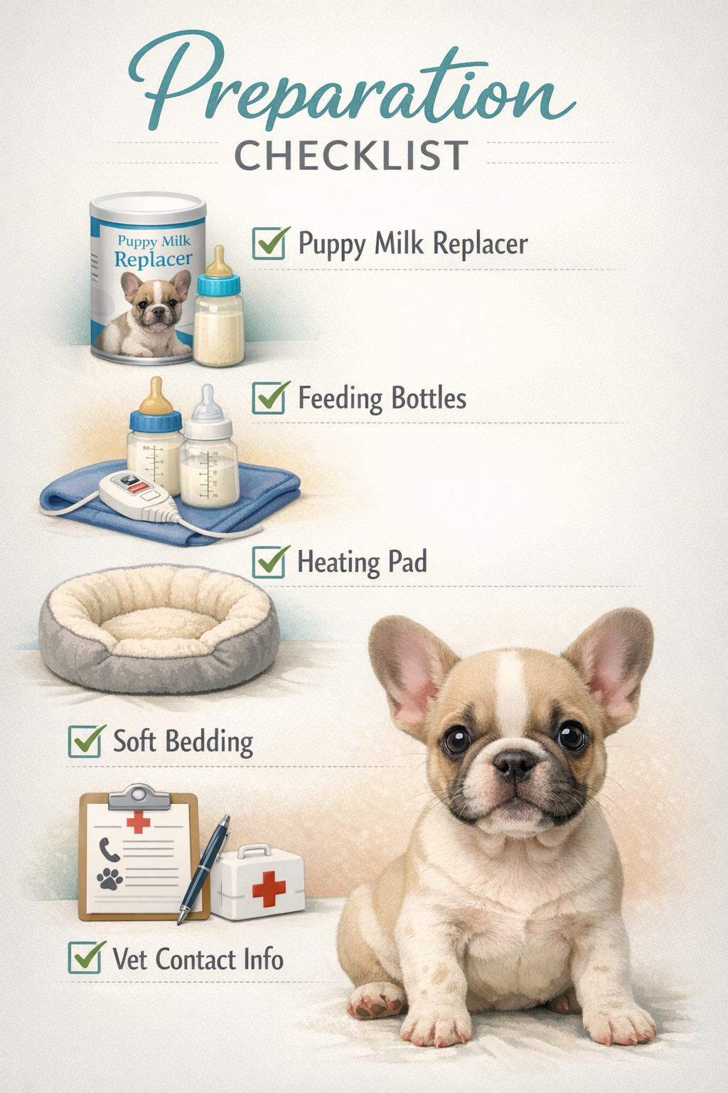 Portrait format (1024x1536) infographic-style image displaying a checklist of essential supplies for a motherless French Bulldog puppy. Visu