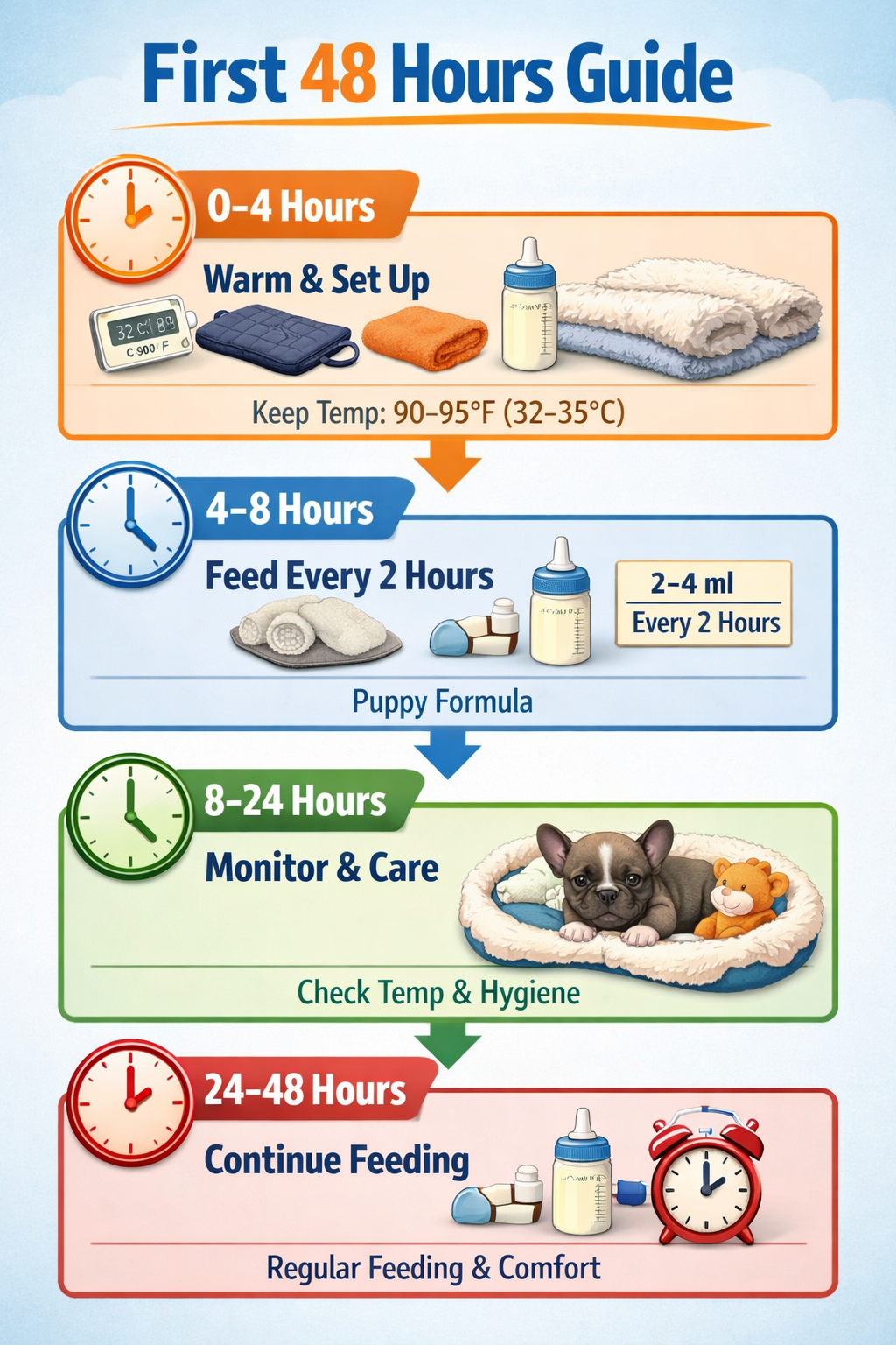 Portrait format (1024x1536) image showing a timeline or step-by-step visual guide for the first 48 hours with a motherless French Bulldog pu