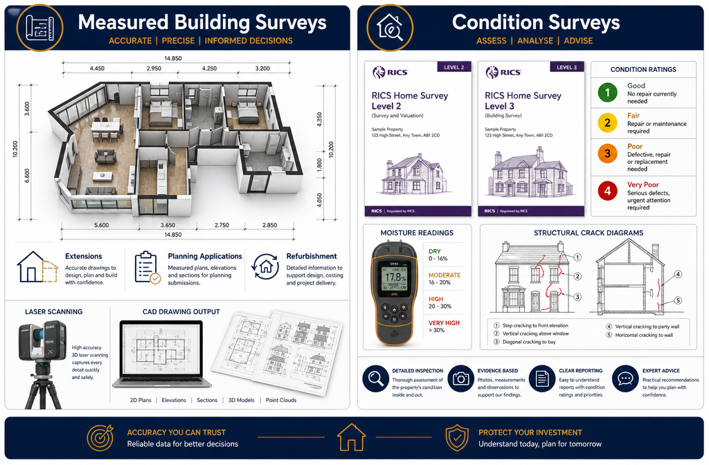 Detailed () infographic-style illustration showing a side-by-side comparison table between Measured Building Surveys and