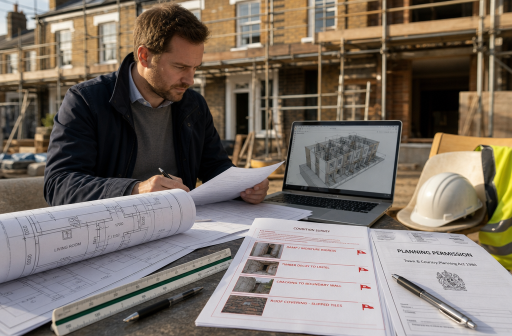 Detailed () scene showing a UK property developer reviewing architectural drawings and survey documents at a construction