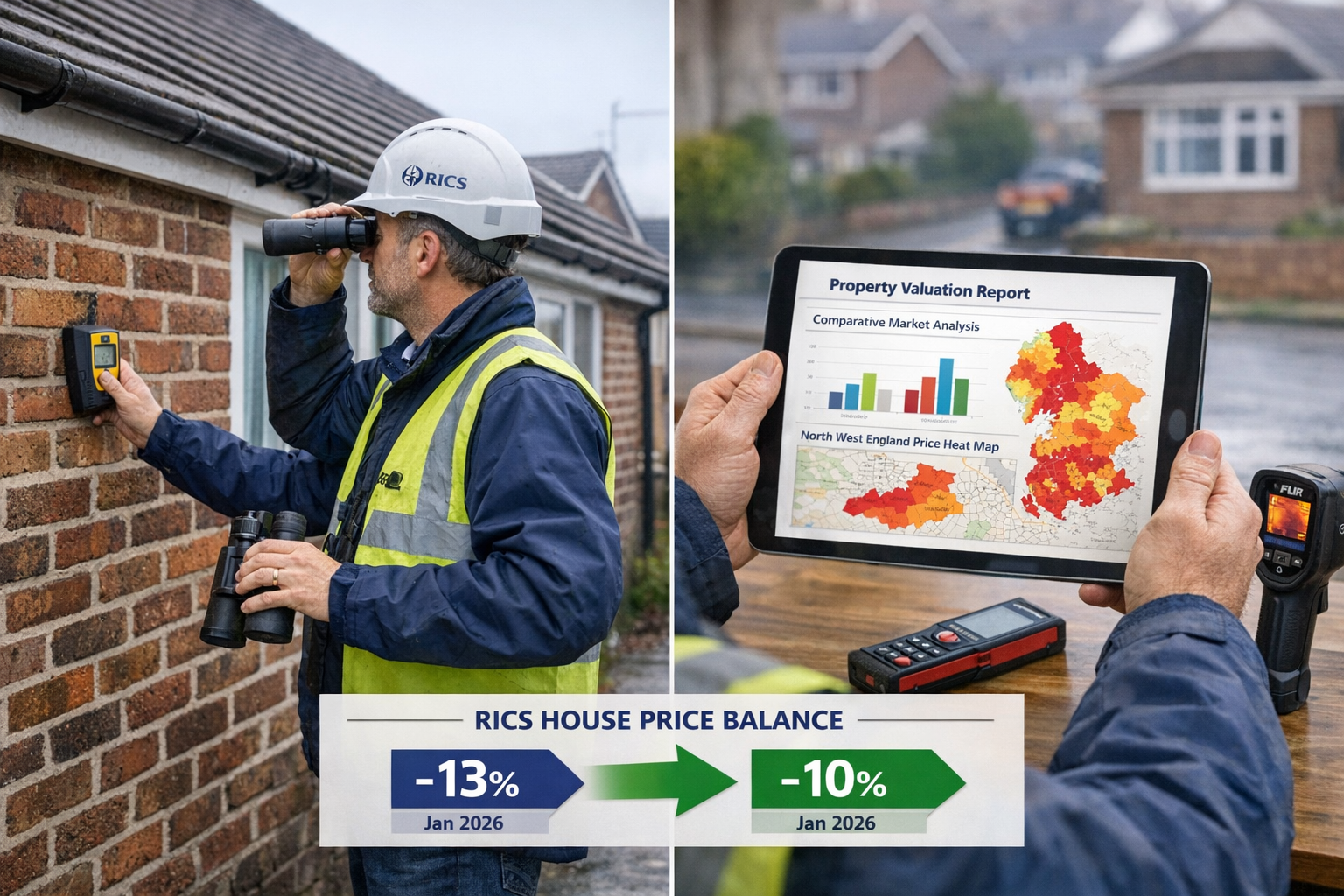 Detailed () editorial image showing RICS chartered surveyor conducting comprehensive bungalow inspection in Northern England