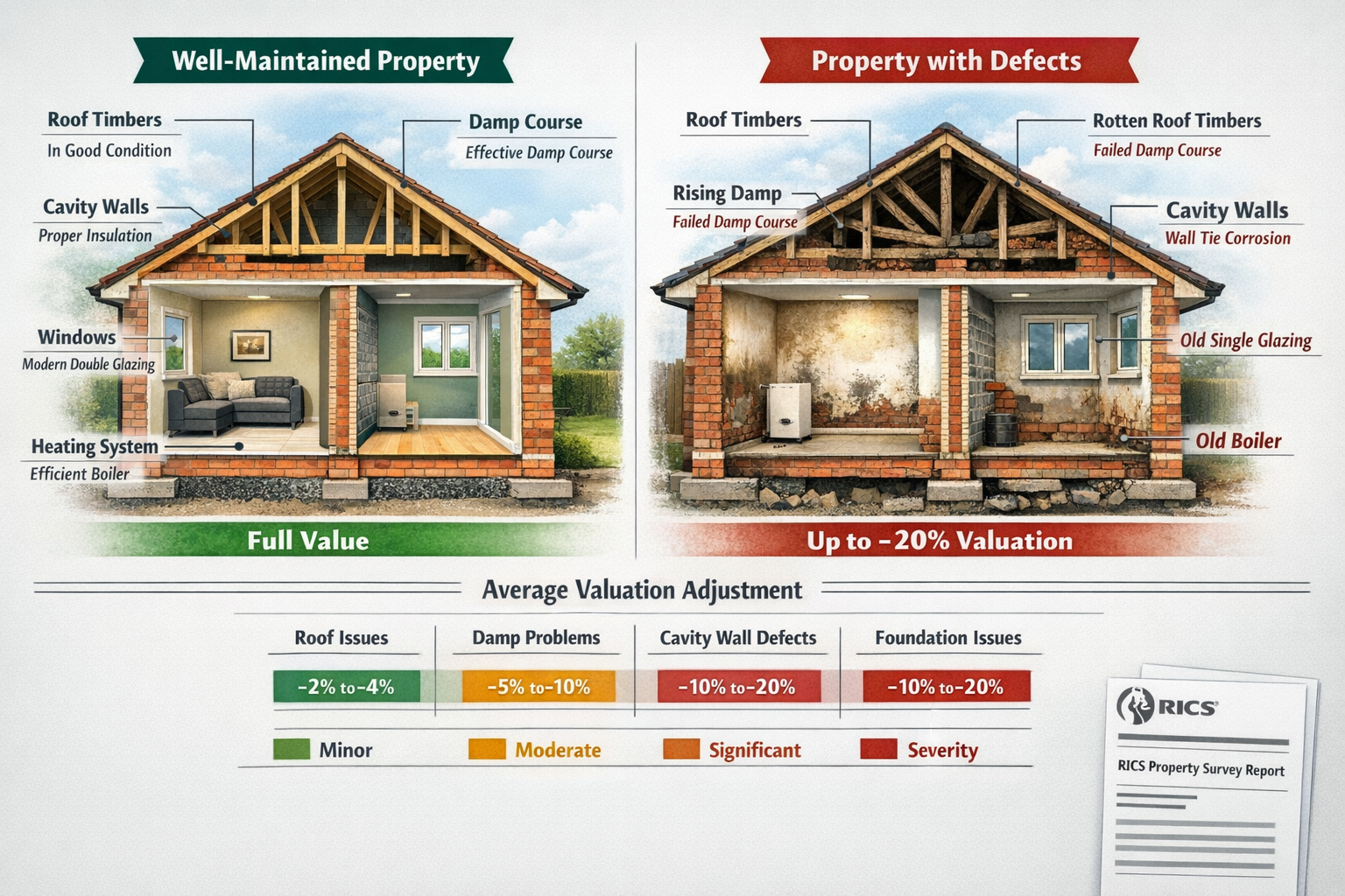 Professional () technical illustration showing cutaway cross-section view of typical Northern England bungalow revealing