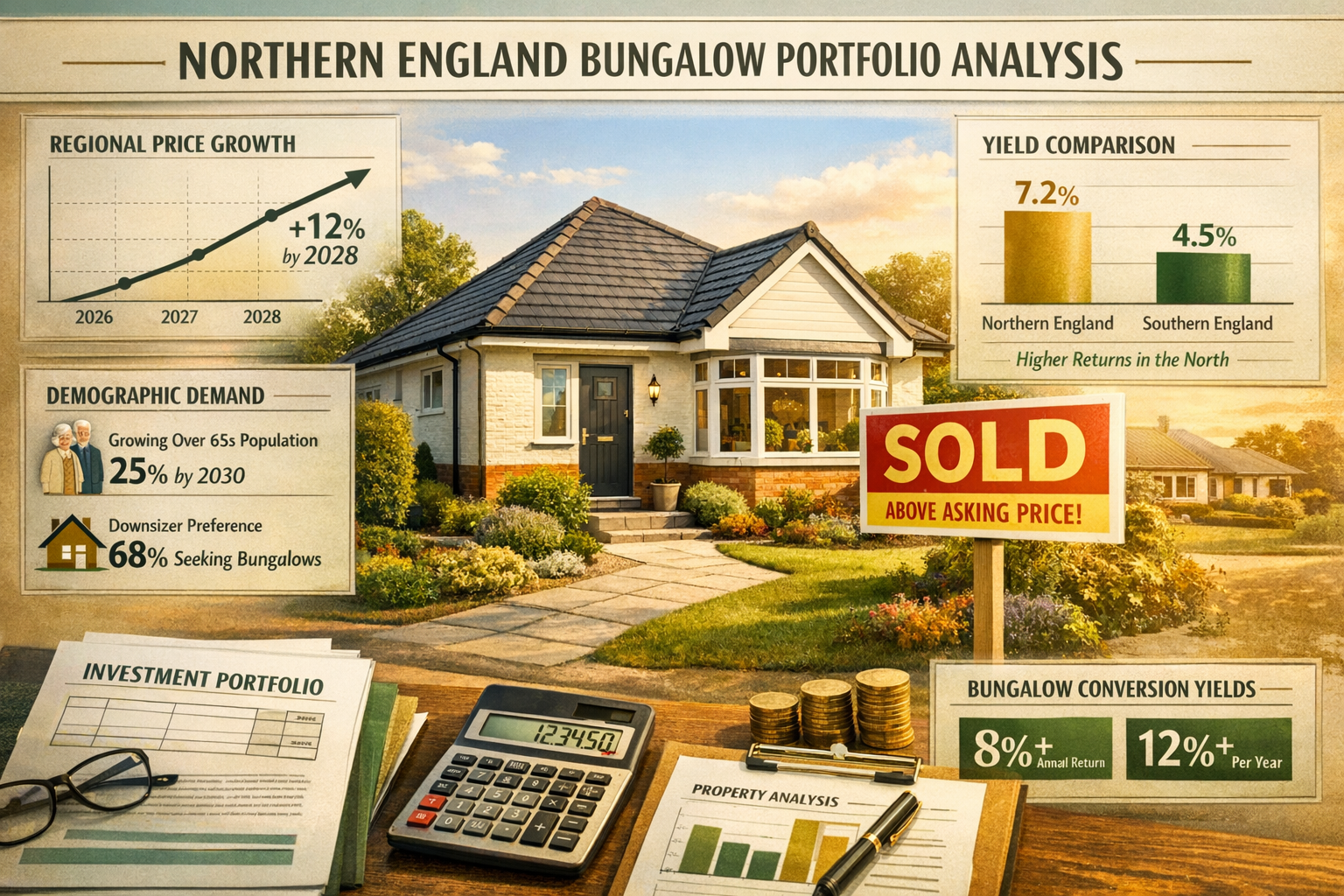 Compelling () investment opportunity visualization featuring Northern England bungalow portfolio analysis, central image of