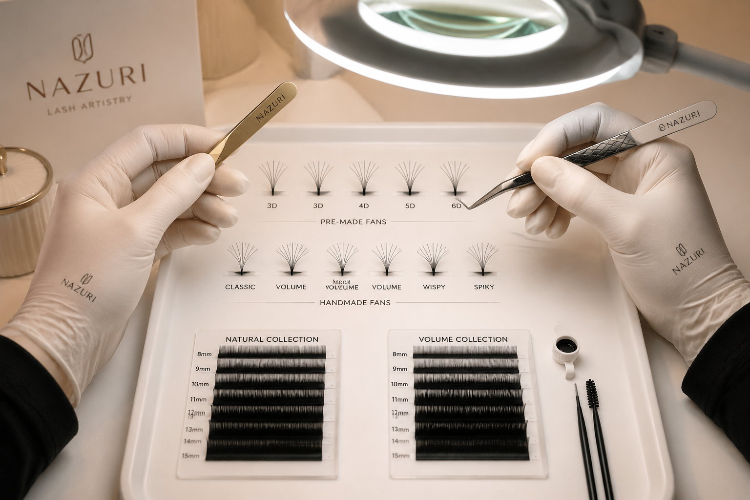 Detailed () image of a Lash Artist's hands, in clean Nazuri branded gloves, holding various types of lash extension tools