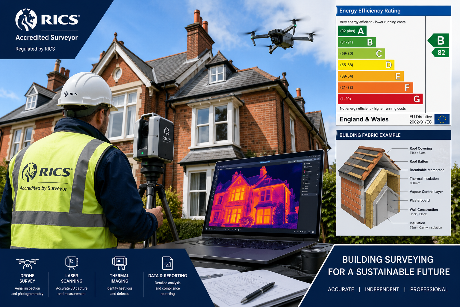 Detailed () showing a RICS-accredited surveyor using a drone and laser scanning device to inspect a UK residential rooftop,