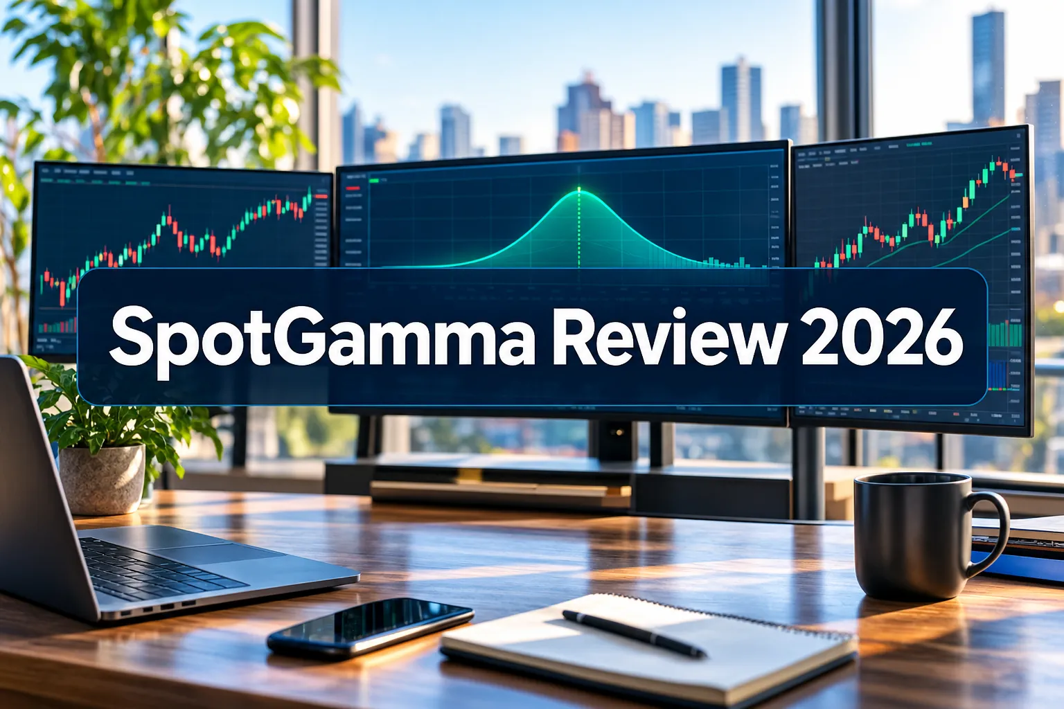 SpotGamma review cover image with gamma charts on trading monitors