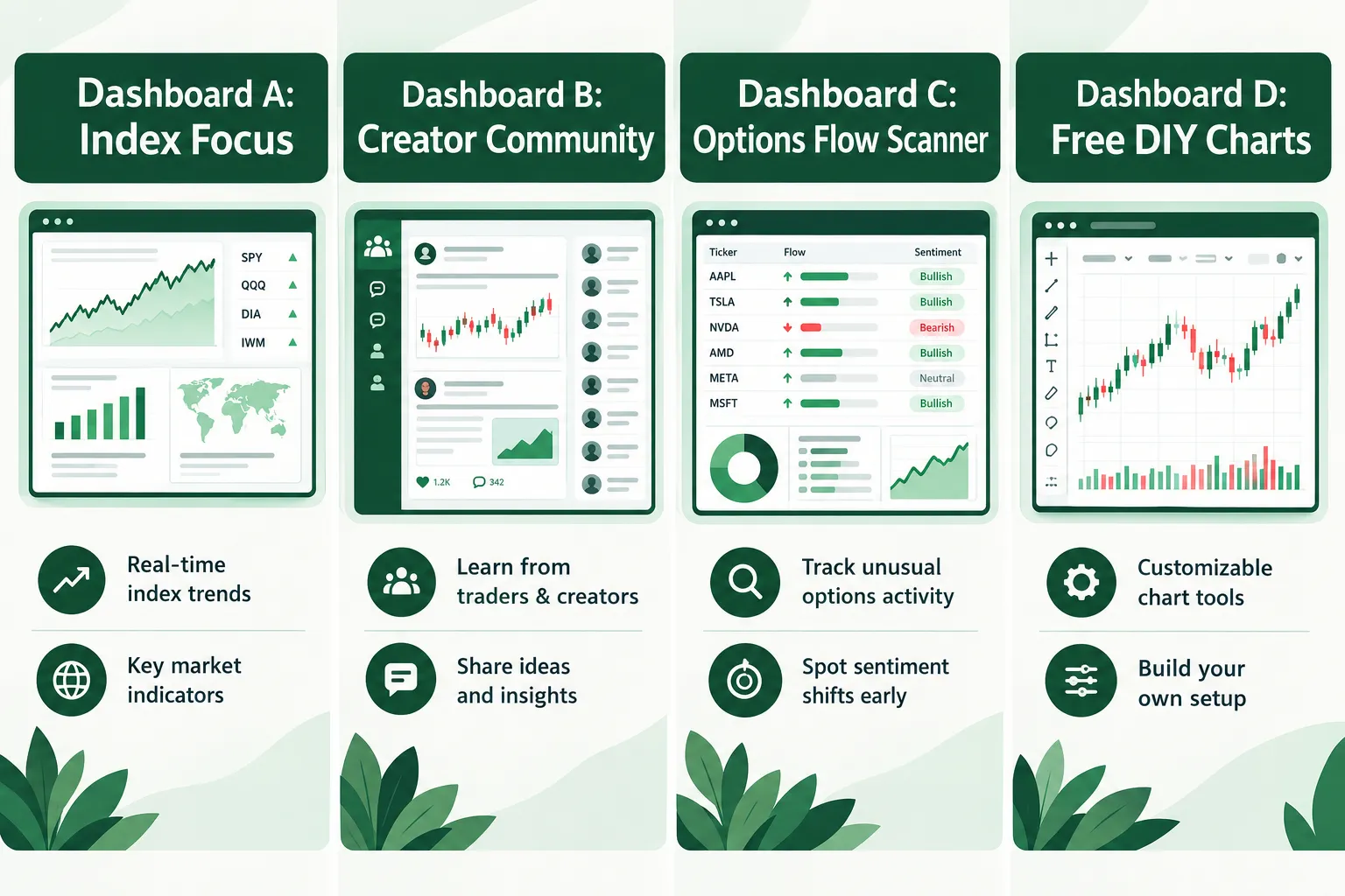 Four dashboard styles compared: index focus, creator community, options flow scanner and free DIY charts