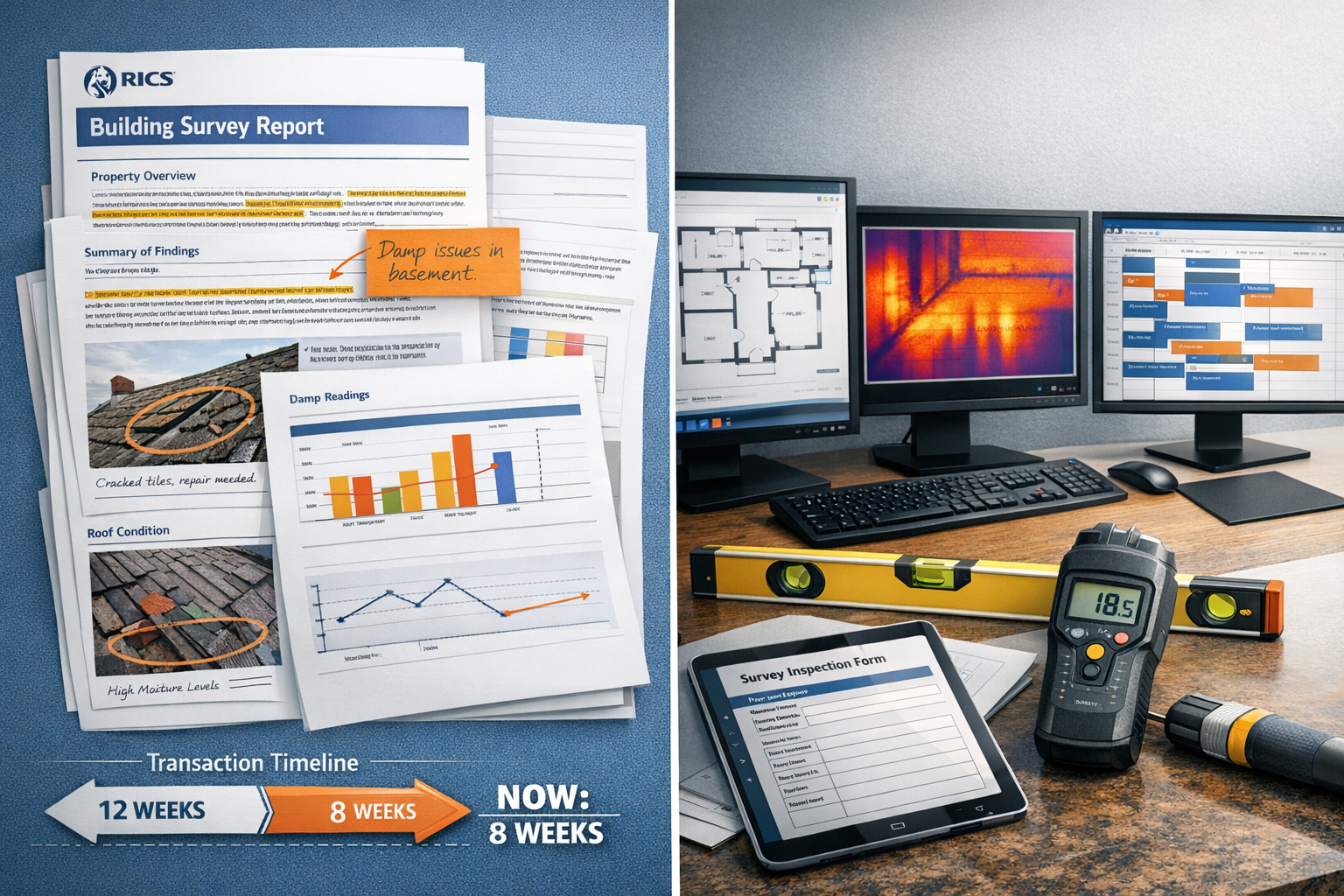 () editorial image showing split-screen composition: left side displays detailed RICS building survey report pages with