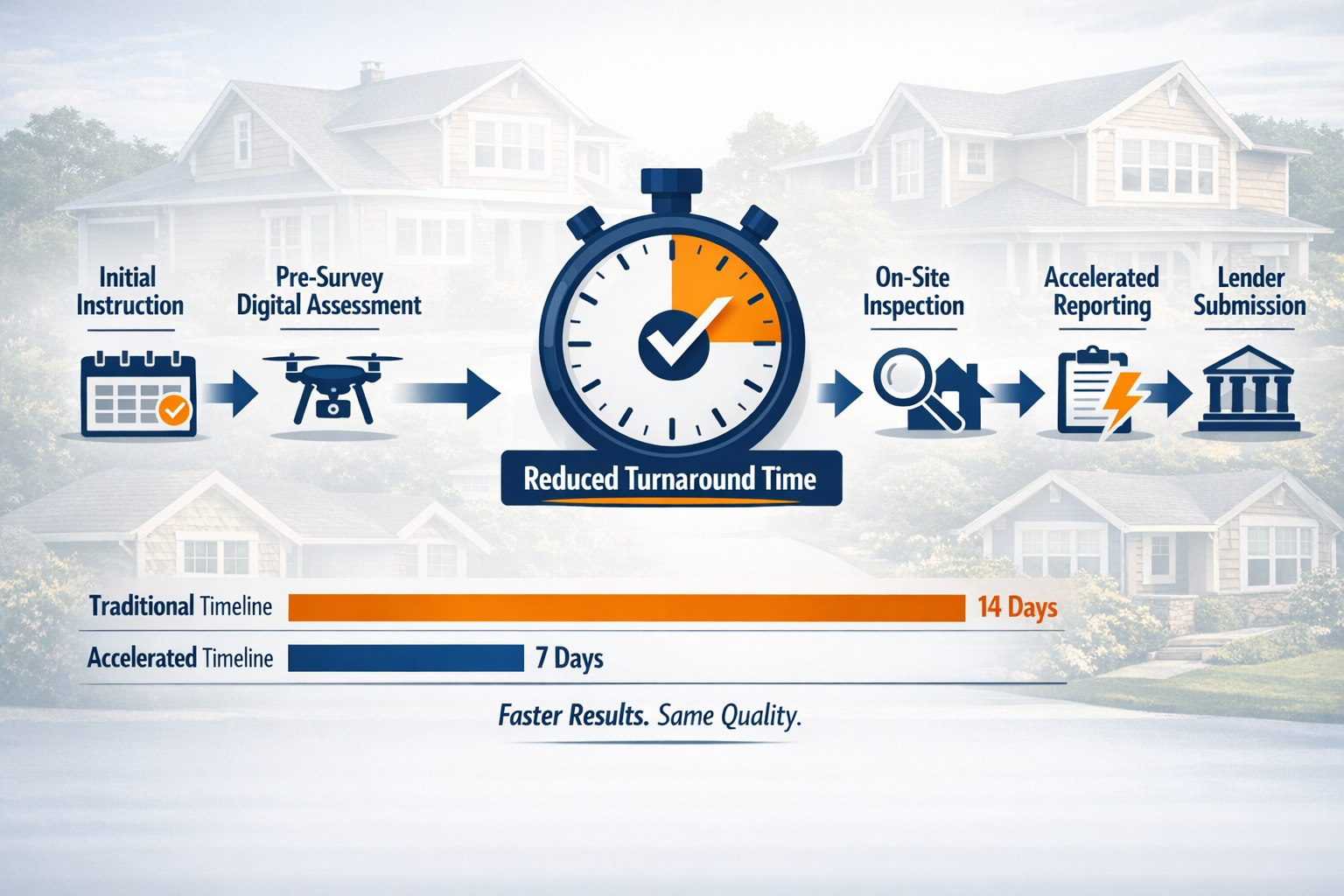 () detailed infographic-style image showing streamlined building survey workflow diagram with five distinct stages connected