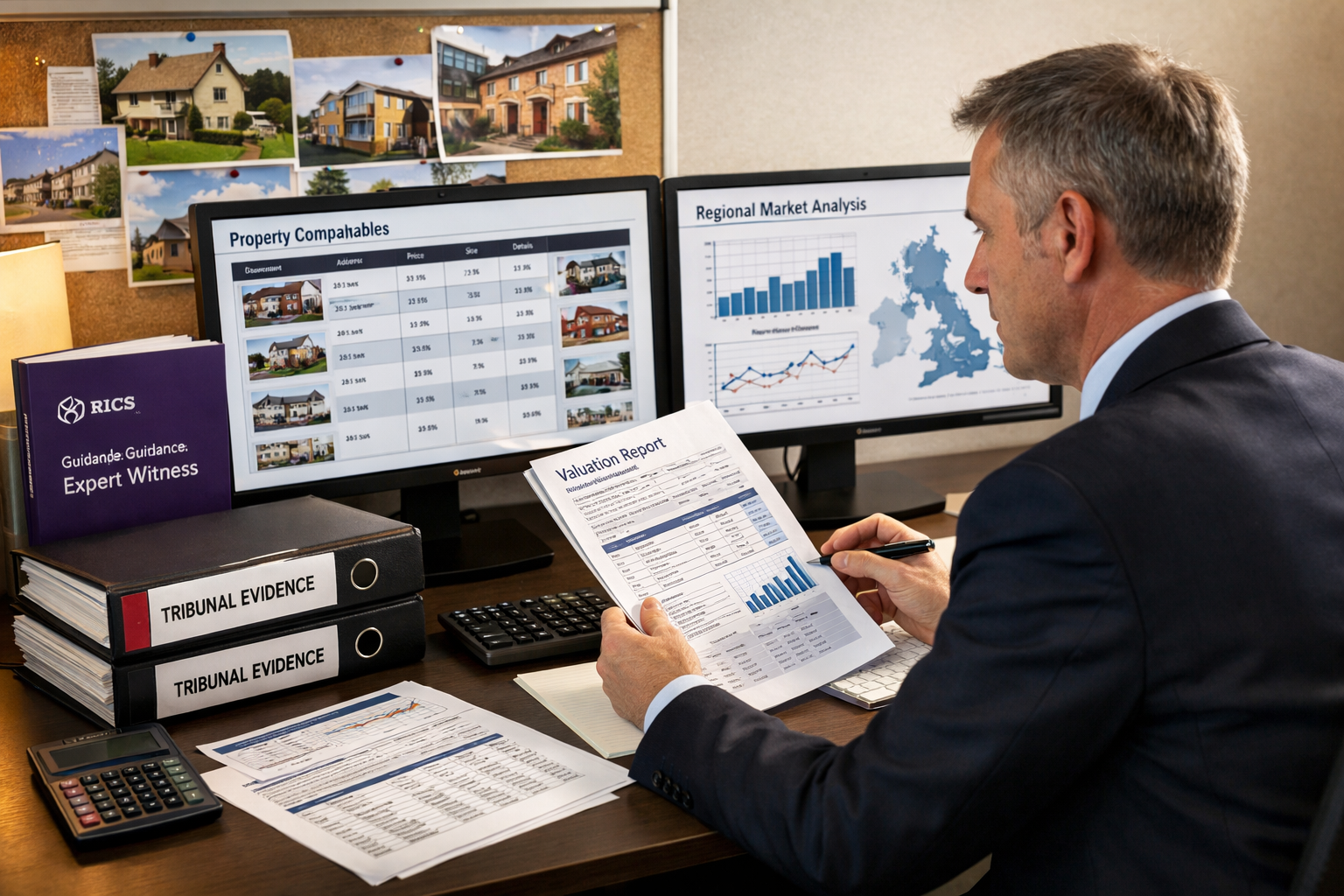 Landscape format (1536x1024) professional scene showing expert witness preparation process: central focus on chartered surveyor reviewing pr