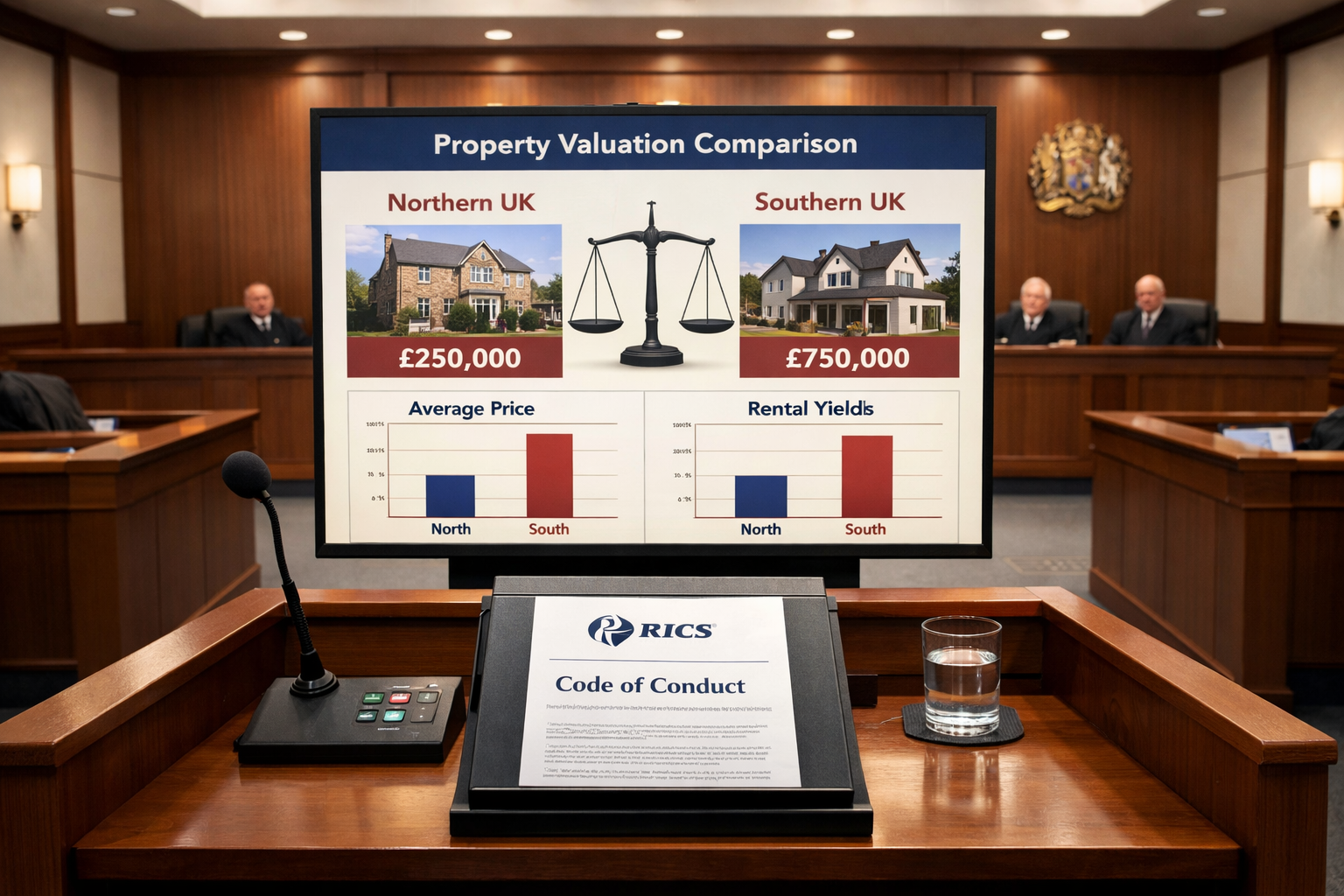 Landscape format (1536x1024) conceptual illustration of tribunal hearing room from expert witness perspective: professional witness stand in