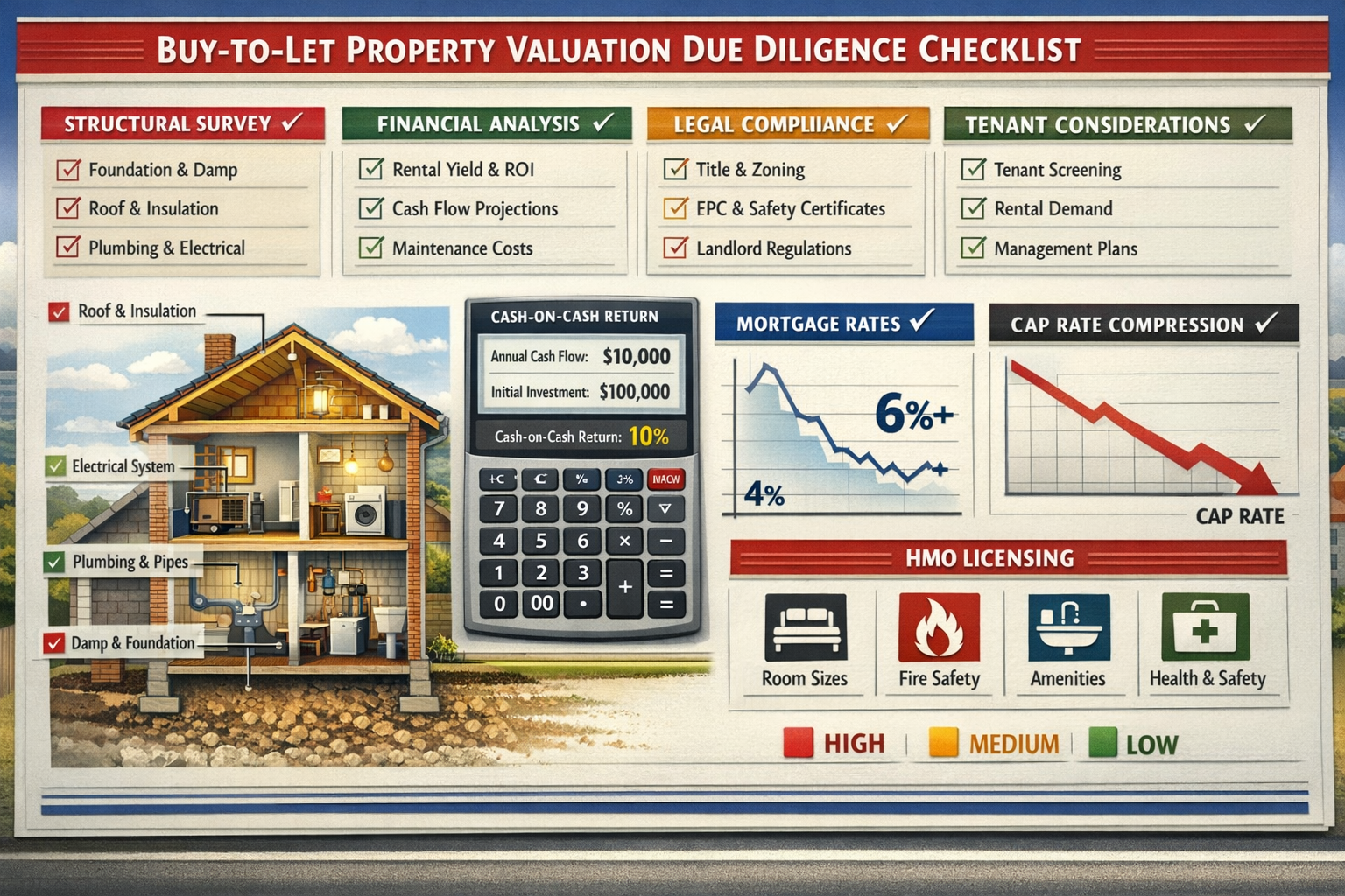 Landscape format (1536x1024) detailed infographic-style image displaying comprehensive due diligence checklist for buy-to-let property valua