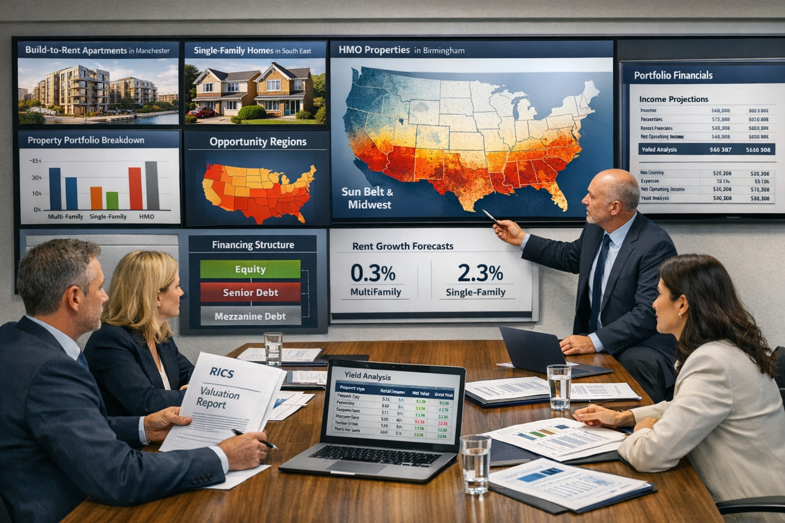 Landscape format (1536x1024) image depicting institutional landlord portfolio management scene with modern office setting. Multiple property