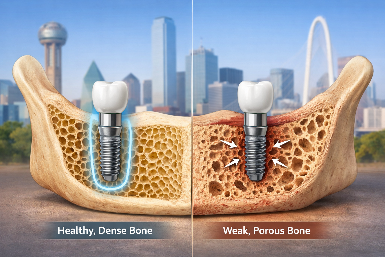 Detailed () image illustrating the concept of bone density in a jawbone. The image should feature a cross-section of a