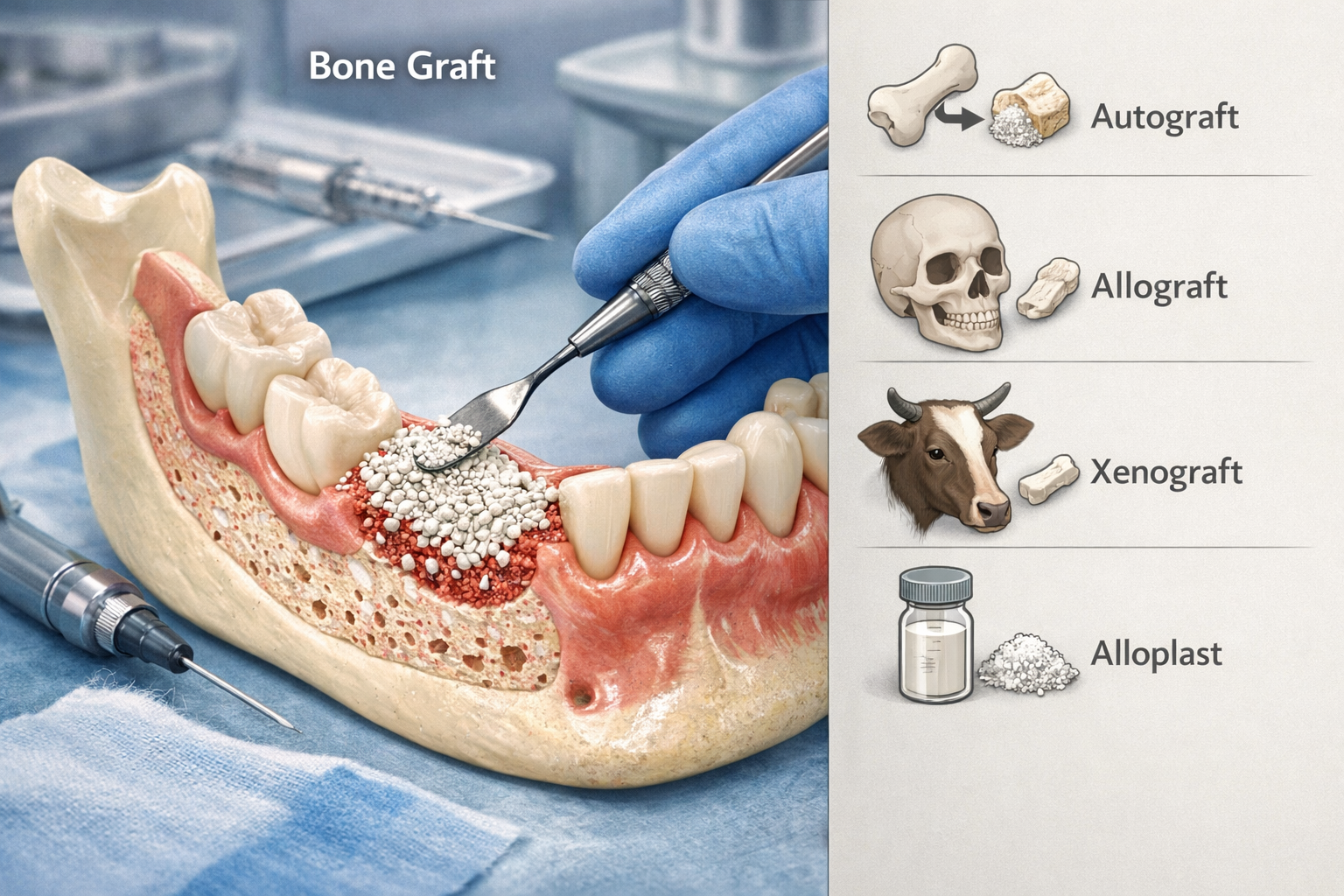 Detailed () image showing the process of a bone graft. Visualize a dental professional gently applying bone graft material