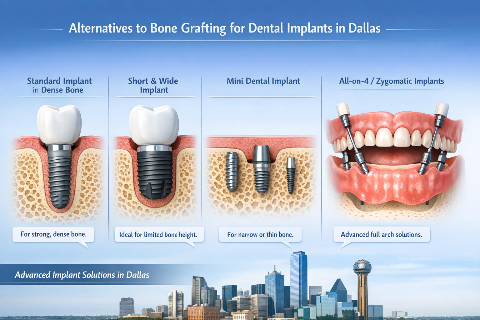 Detailed () image showcasing alternatives to traditional bone grafting for dental implants. Feature a comparison of