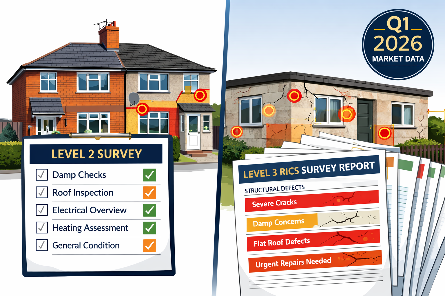 () editorial illustration showing a split-scene comparison: left side features a standard red-brick semi-detached UK home