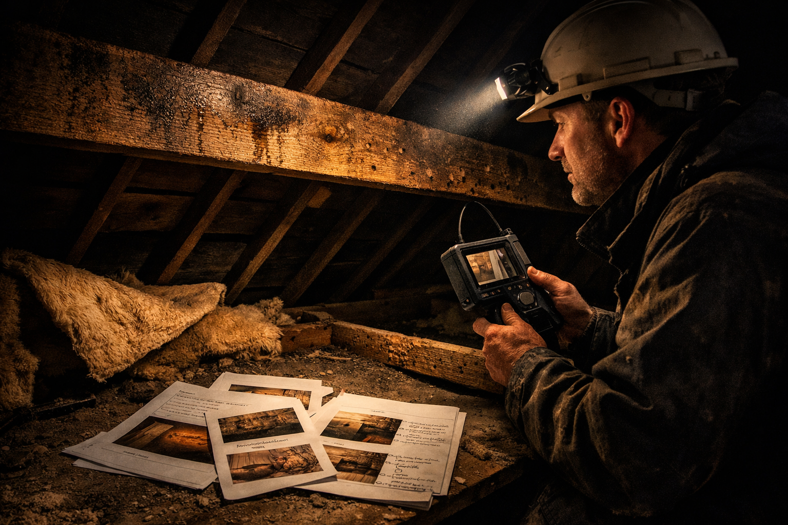 () close-up documentary-style photograph of a chartered surveyor in a dark roof space, head torch illuminating timber