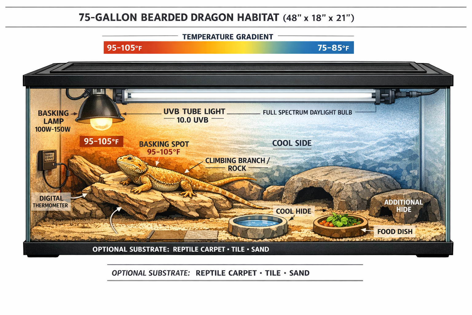 Comprehensive adult bearded dragon habitat setup diagram showing 75-gallon terrarium with proper lighting zones, basking spot at 95-105°F, c