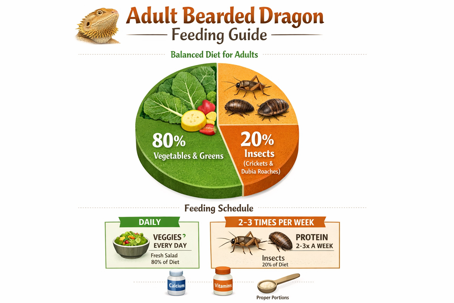 Adult bearded dragon feeding guide infographic displaying balanced diet breakdown: 80% vegetables and greens, 20% insects for adults. Visual