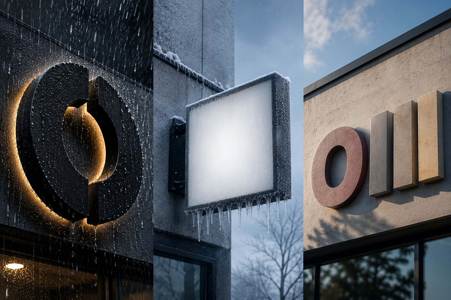 Outdoor business signs shown under different weather conditions: a channel letter sign in heavy rain, a lightbox sign lightly frosted with ice, and dimensional letters showing sun exposure on one side.