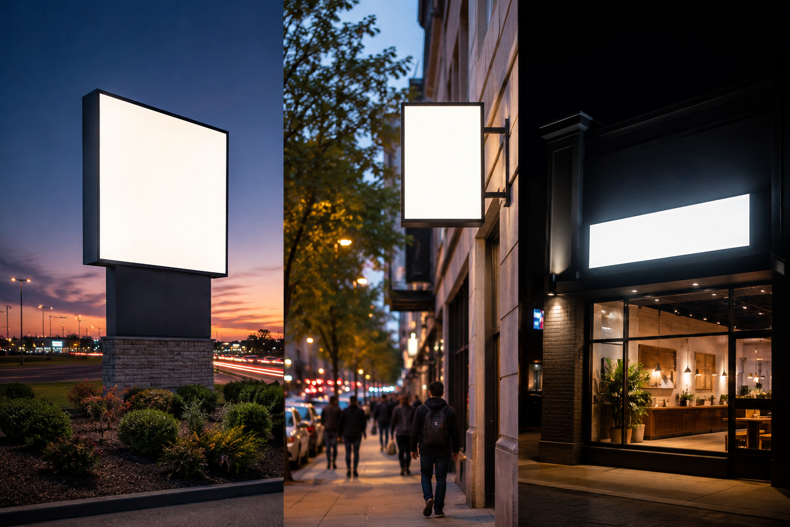 Three outdoor business signs shown from varying distances: a monument sign legible from far away, a blade sign on a busy street, and an illuminated storefront sign visible at night.