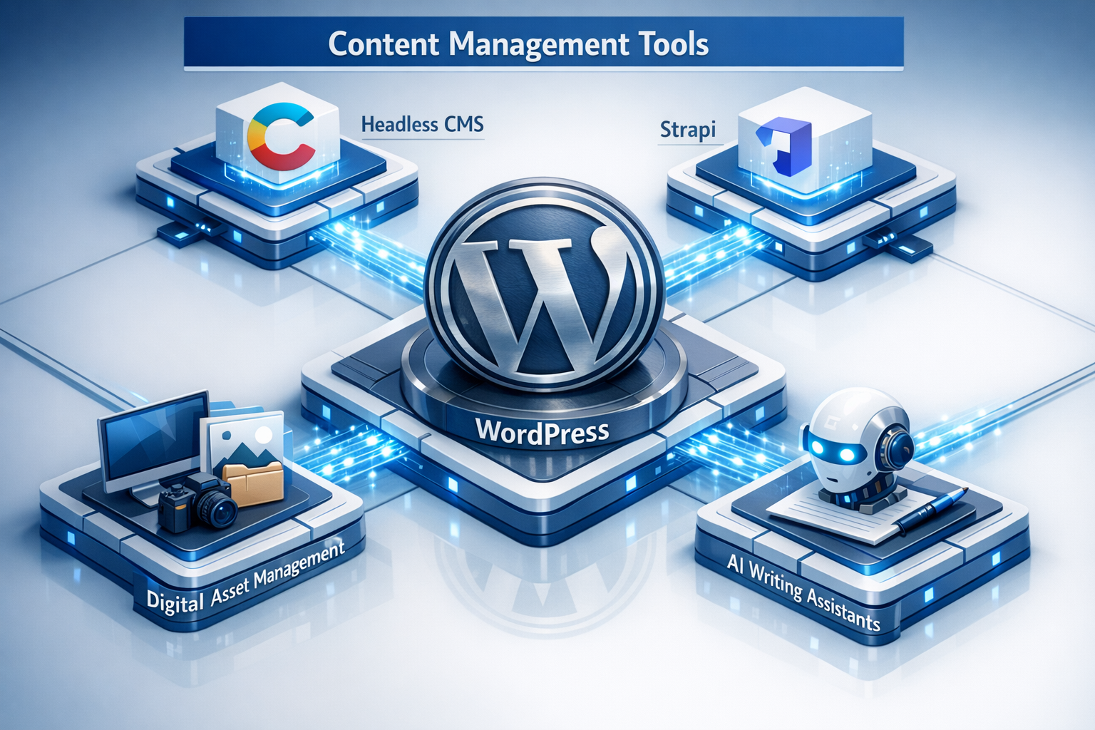 A detailed infographic-style 3D render showing a variety of Content Management Tools represented as interconnected modules. Central icon for
