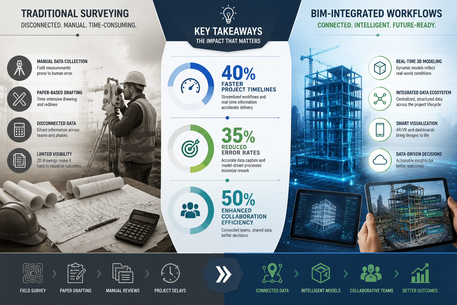 Key Takeaways section infographic: Split-screen visual comparing traditional surveying vs BIM-integrated workflows. Left
