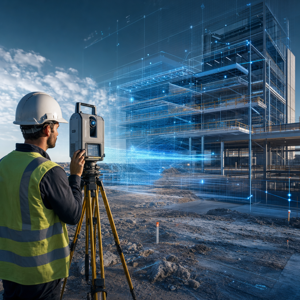 Geospatial Data section: Photorealistic composite image showing a property surveyor using advanced laser scanning equipment