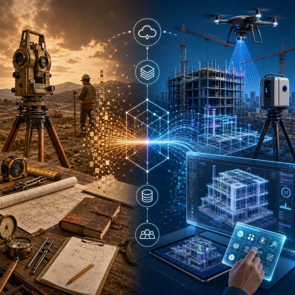 Measurement to Information Management section: Split-screen visualization showing the evolution of surveying technology.
