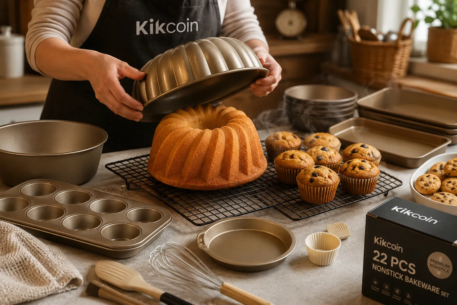 Detailed showcase of the Kikcoin 22 PCS Nonstick Baking Pans Set in action — a baker's hands removing a perfectly golden bundt cake from a Kikcoin nonstick pan, with muffins cooling on the Kikcoin rack nearby, steam rising, showing the nonstick release performance and even browning in warm kitchen lighting How Does the Set Handle Different Baking Tasks?