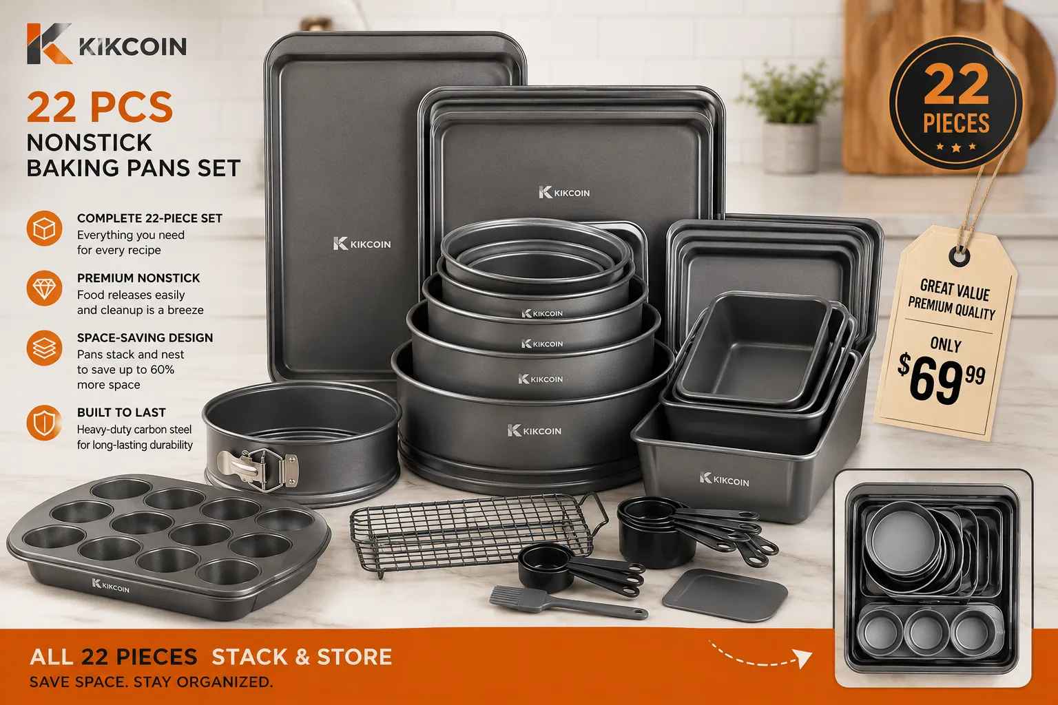 Detailed showcase of the Kikcoin 22 PCS Nonstick Baking Pans Set highlighting the set's value proposition — all 22 pieces stacked and nested efficiently showing space-saving storage, with a subtle price tag graphic and the Kikcoin logo visible on the pan surfaces, shot in clean studio lighting Who Should Skip This Set?