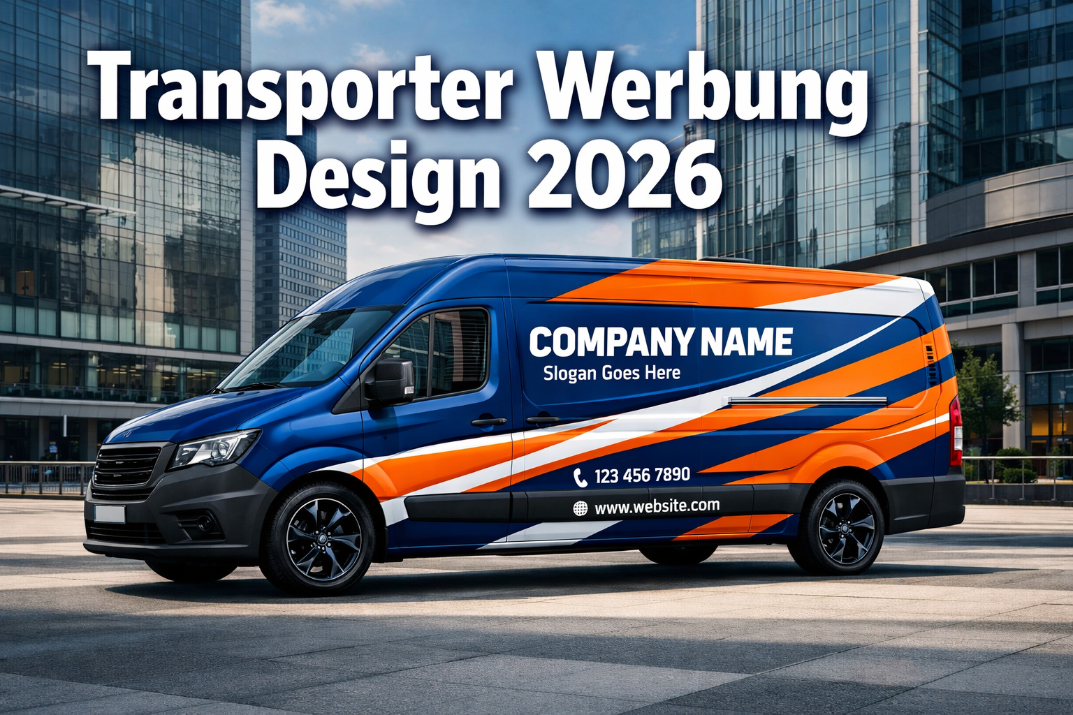 Professional landscape format (1536x1024) hero image featuring bold text overlay 'Transporter Werbung Design 2026' in extra large 72pt white