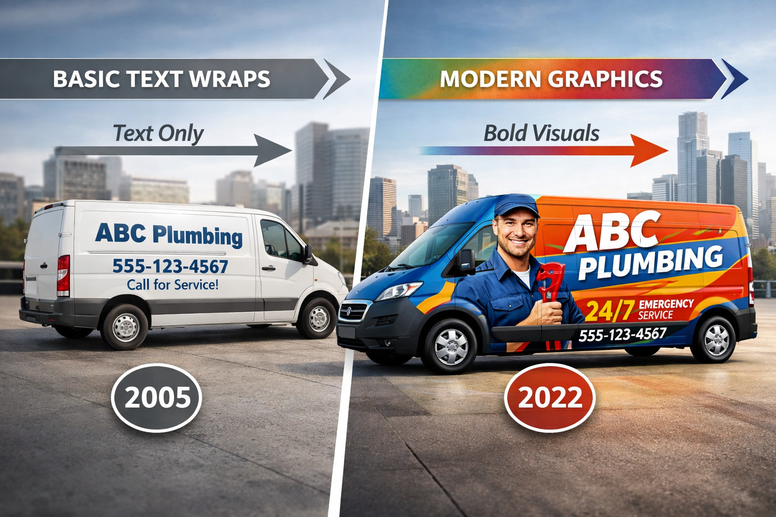 Landscape format (1536x1024) image showing evolution timeline of transporter advertising design from basic text wraps to modern storytelling