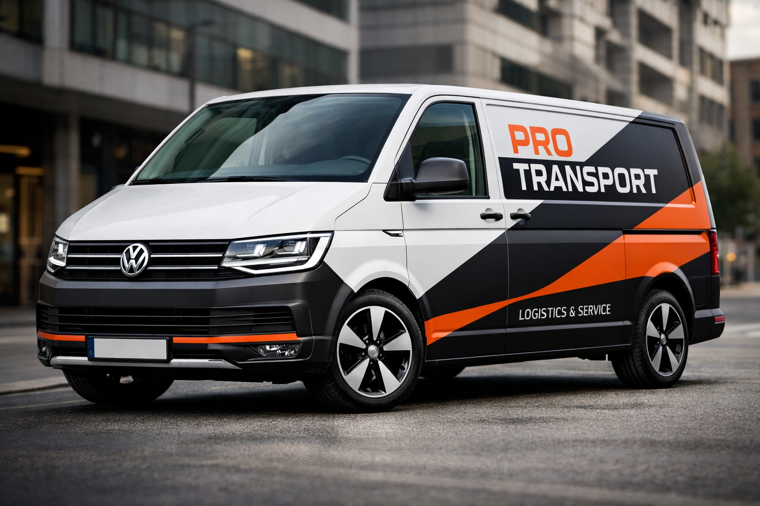 Landscape format (1536x1024) detailed view of modern transporter showcasing design elements - sharp LED headlights, clean lines, professiona