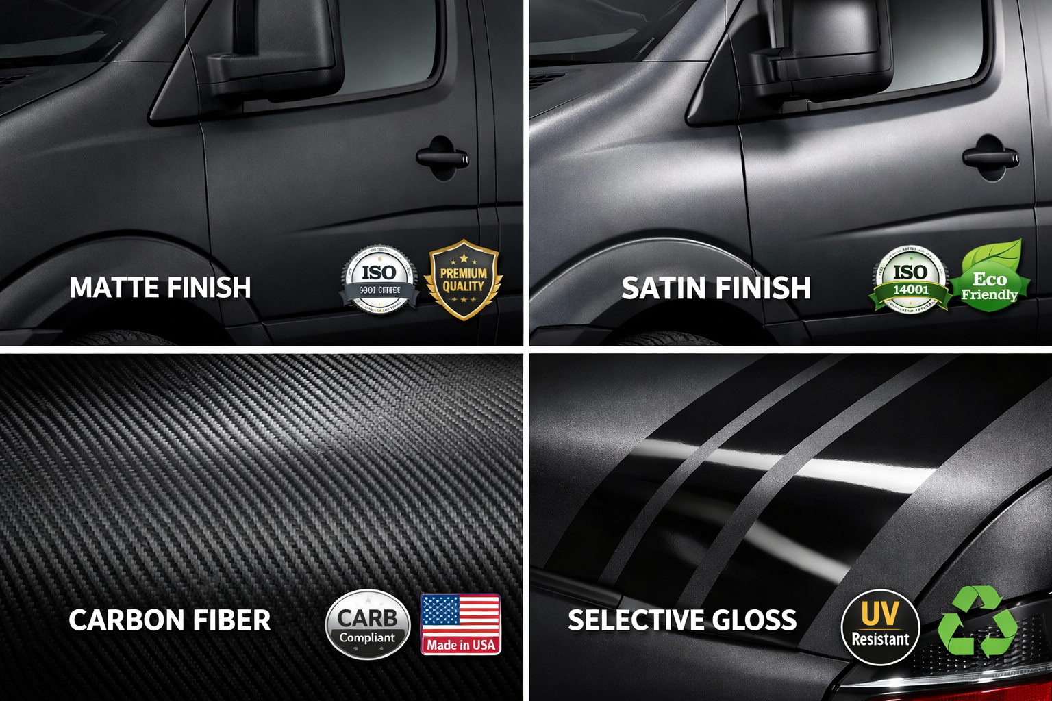 Landscape format (1536x1024) close-up showcase of specialty vinyl finishes on transporter surface - matte, satin, carbon-fiber effects, and 