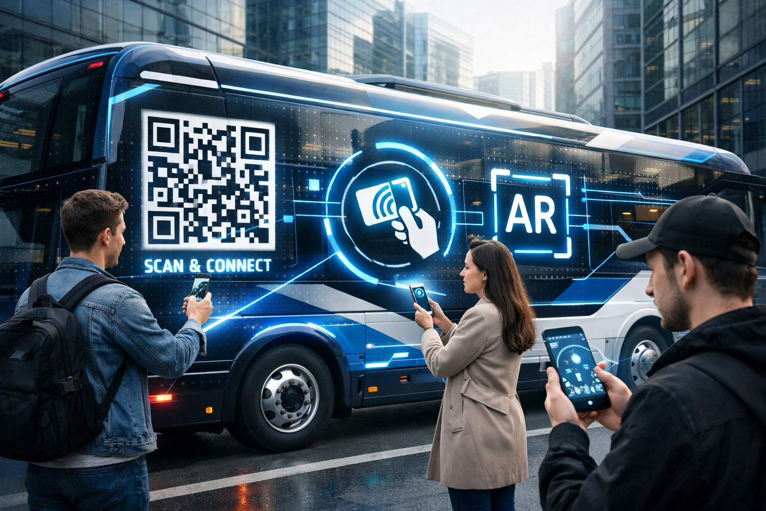 Landscape format (1536x1024) modern transporter with interactive elements - prominent QR codes, NFC technology symbols, and augmented realit