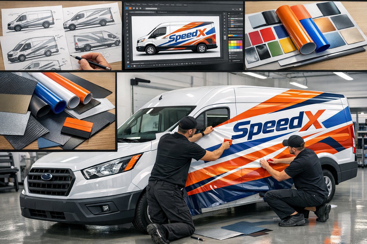 Landscape format (1536x1024) comprehensive transporter wrap design process visualization - from initial concept sketches to final installati