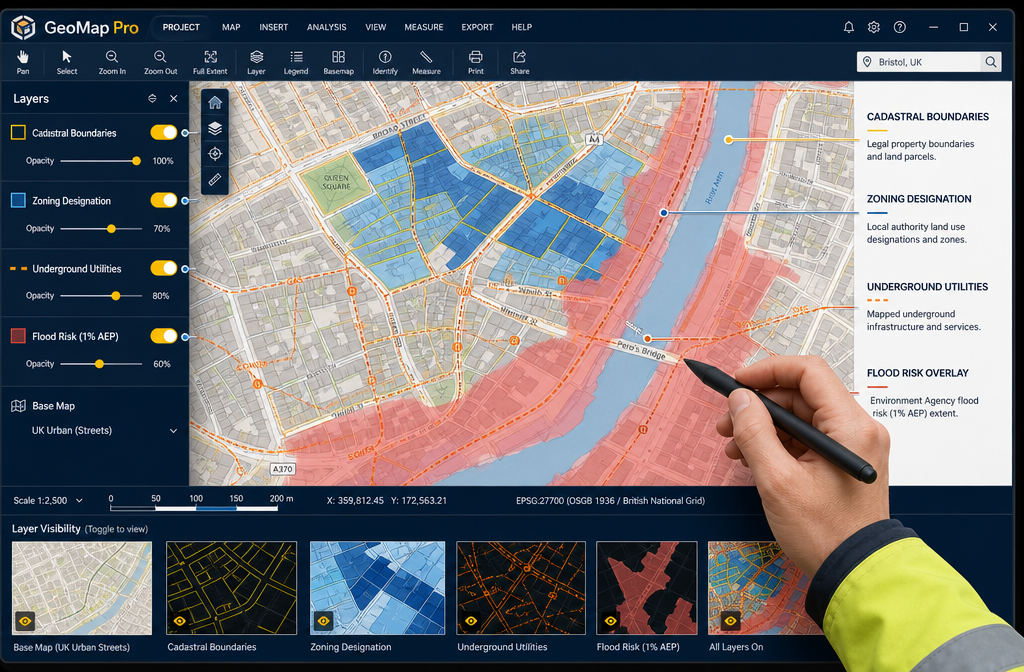Detailed () infographic-style illustration showing a GIS desktop interface with multiple data layers being toggled on and