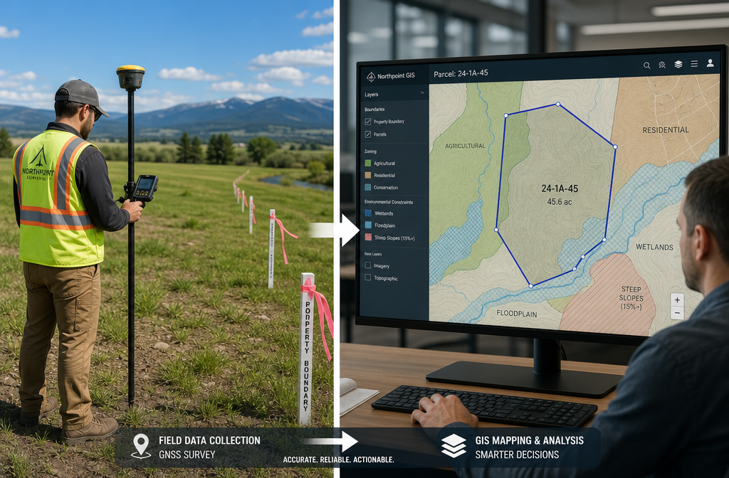 Detailed () split-panel image: left panel shows a field surveyor using a survey-grade GNSS rover in a green field with