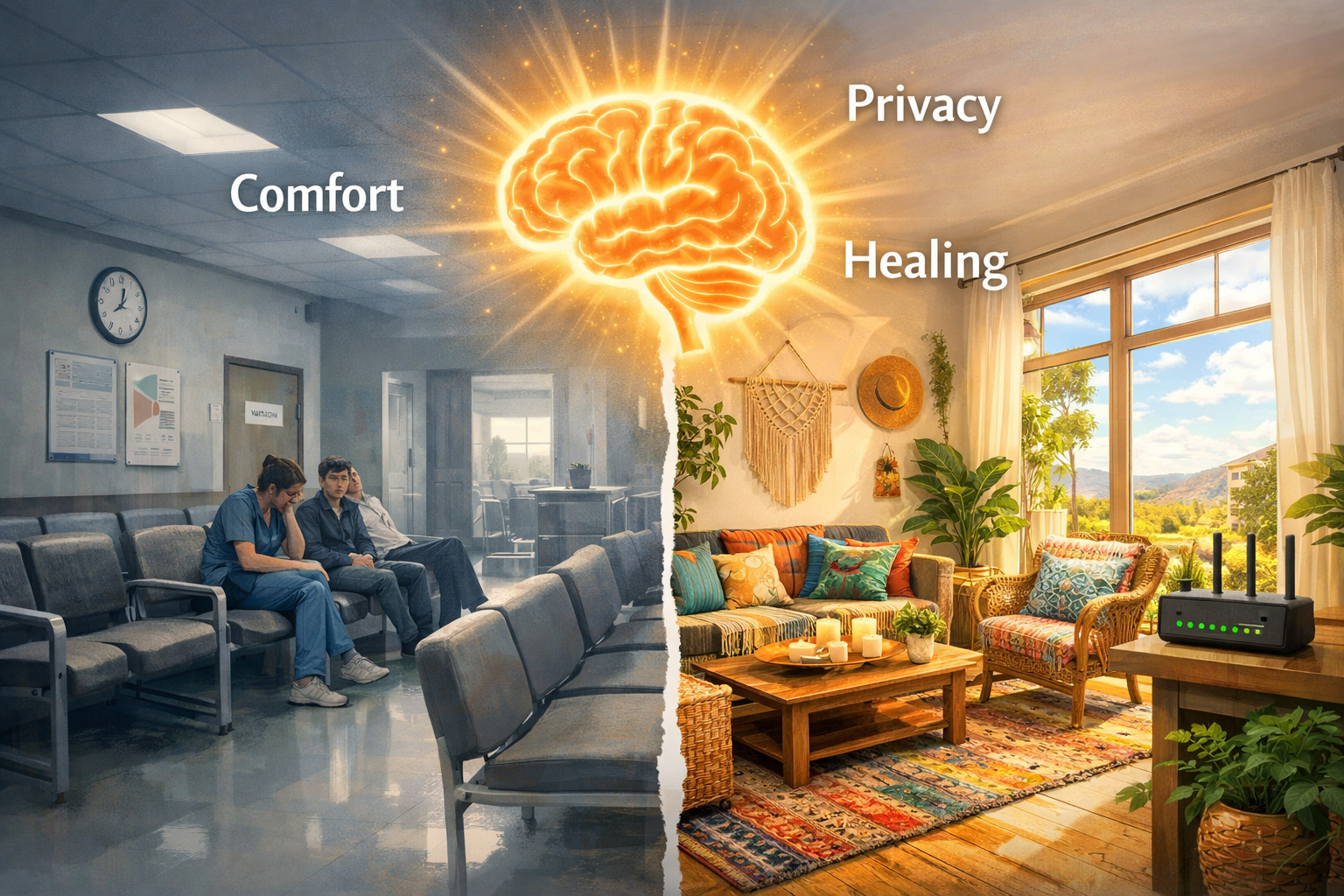 A conceptual landscape image () illustrating the holistic benefits of themed Airbnbs for patient families. The image