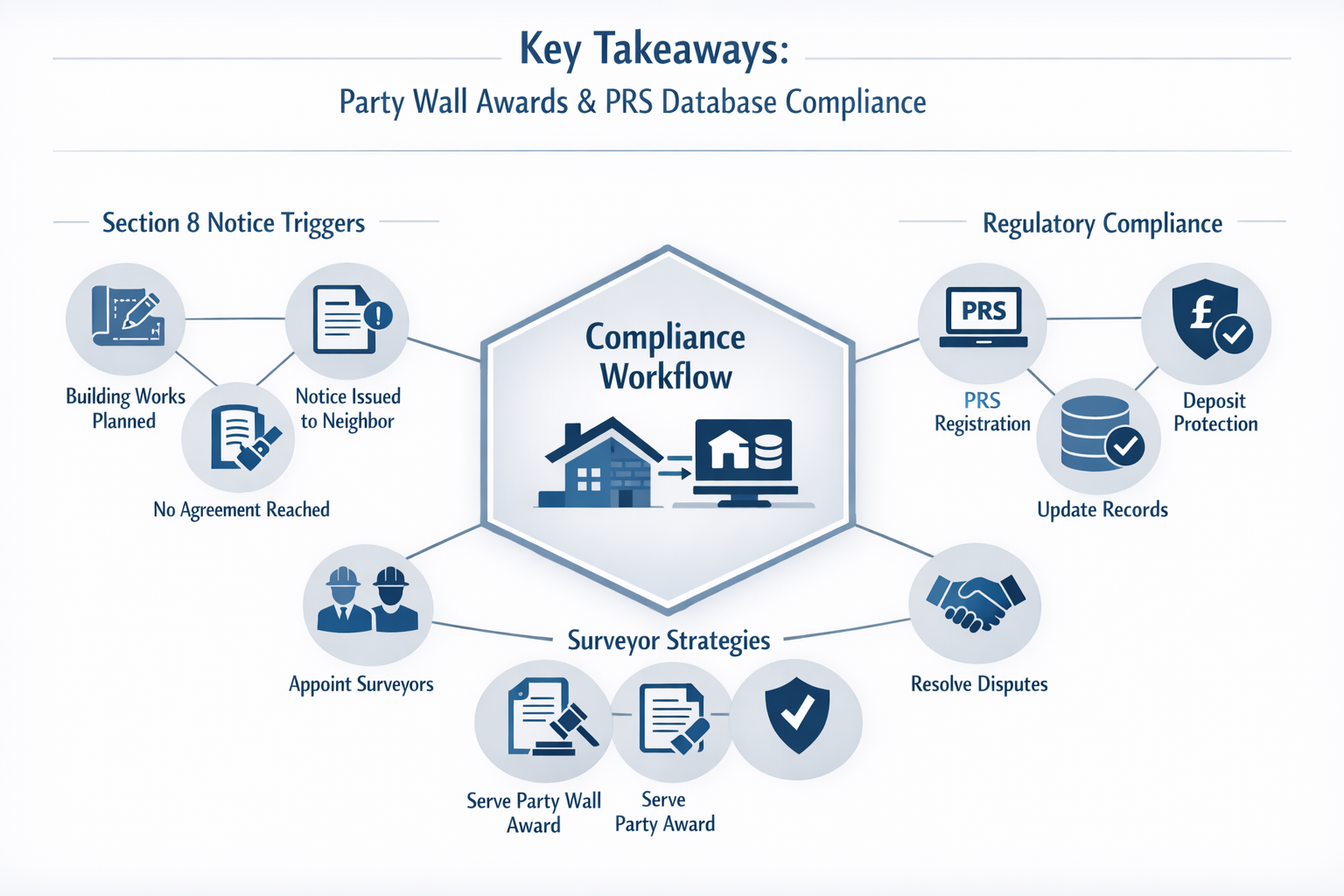 Key Takeaways infographic visualizing Party Wall Awards and PRS Database compliance workflow, featuring a central hexagonal