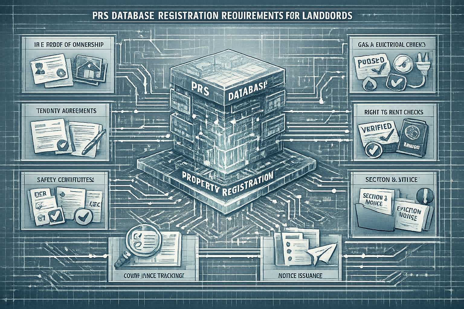 Technical illustration depicting PRS Database registration requirements for landlords, showcasing a multi-layered