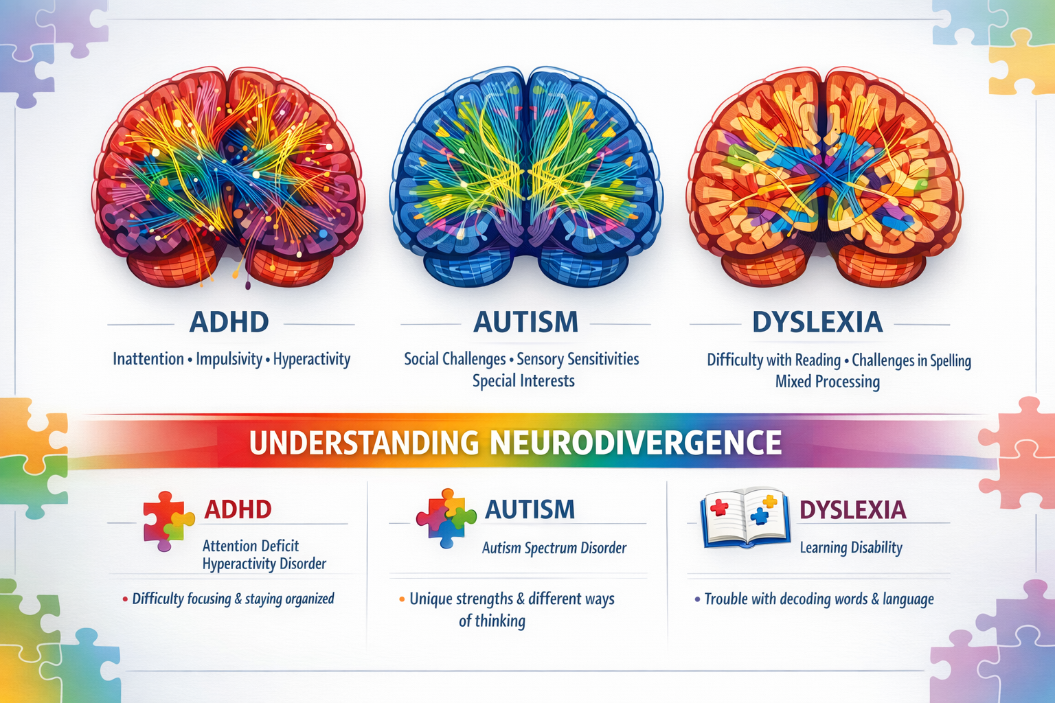 () infographic showing colorful brain cross-sections with different neural pathway patterns, labeled sections highlighting
