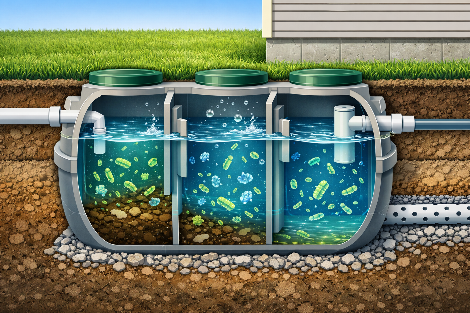Professional landscape format (1536x1024) editorial quality image showing a cross-section view of an underground septic tank system with cle